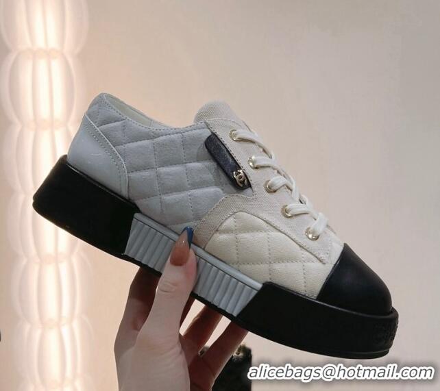 Grade Quality Chanel Quilted Canvas and Leather Sneakers Light Beige 022805