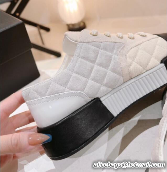 Grade Quality Chanel Quilted Canvas and Leather Sneakers Light Beige 022805