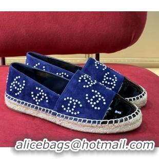 Good Quality Chanel Suede & Patent Leather Espadrilles with Pearl CC Blue/Black 022807