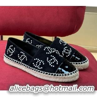 Low Cost Chanel Suede & Patent Leather Espadrilles with Pearl CC Black 022809