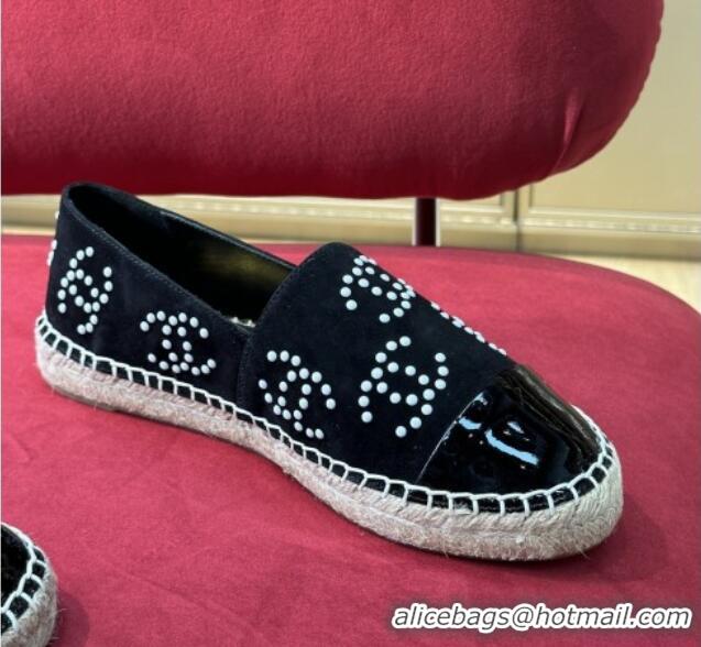 Low Cost Chanel Suede & Patent Leather Espadrilles with Pearl CC Black 022809