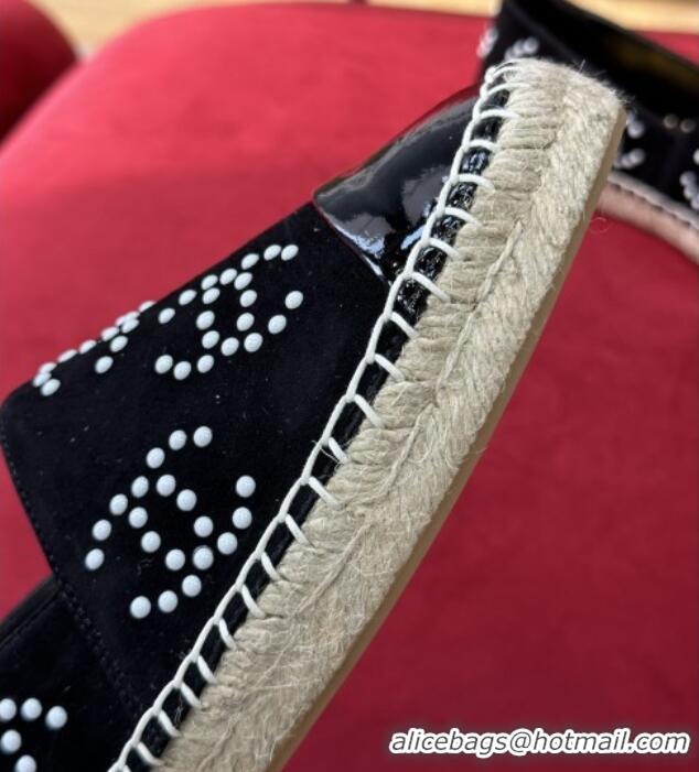 Low Cost Chanel Suede & Patent Leather Espadrilles with Pearl CC Black 022809