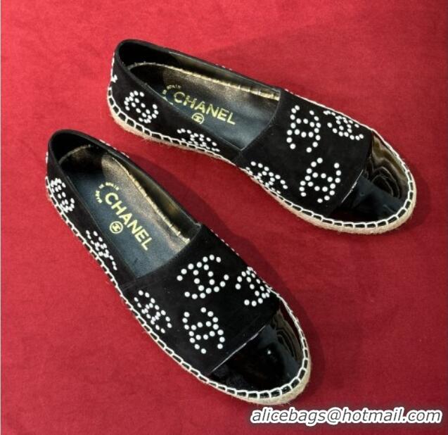 Low Cost Chanel Suede & Patent Leather Espadrilles with Pearl CC Black 022809