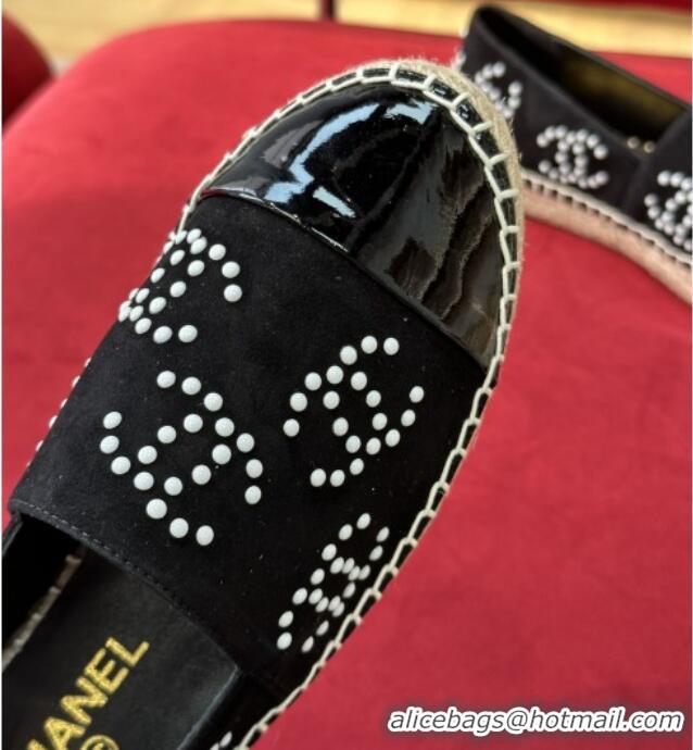 Low Cost Chanel Suede & Patent Leather Espadrilles with Pearl CC Black 022809