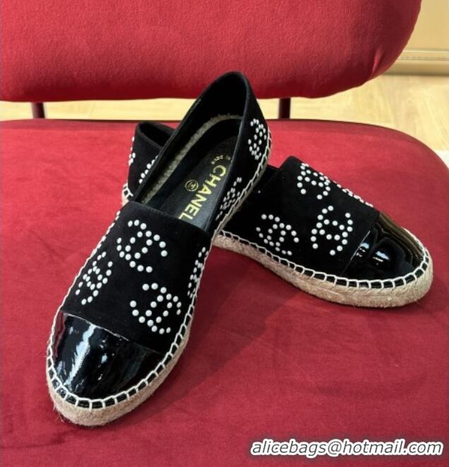 Low Cost Chanel Suede & Patent Leather Espadrilles with Pearl CC Black 022809