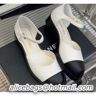 Unique Style Chanel Shiny Goatskin Mary Janes Flat Shoe G39858 White 022813