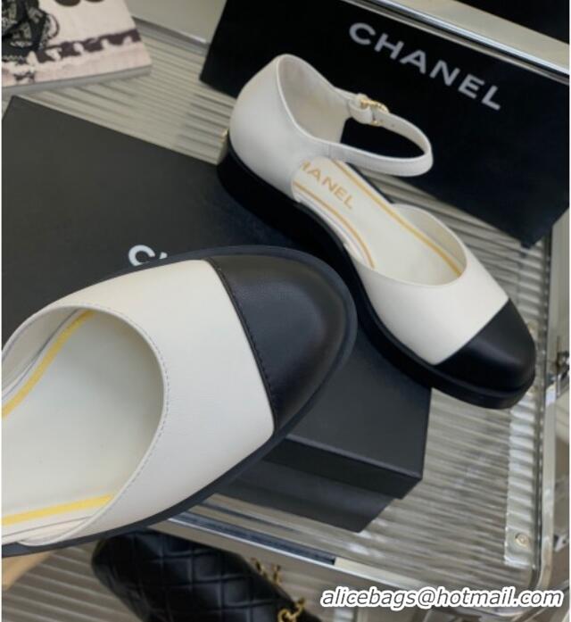 Unique Style Chanel Shiny Goatskin Mary Janes Flat Shoe G39858 White 022813