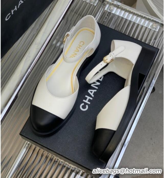 Unique Style Chanel Shiny Goatskin Mary Janes Flat Shoe G39858 White 022813