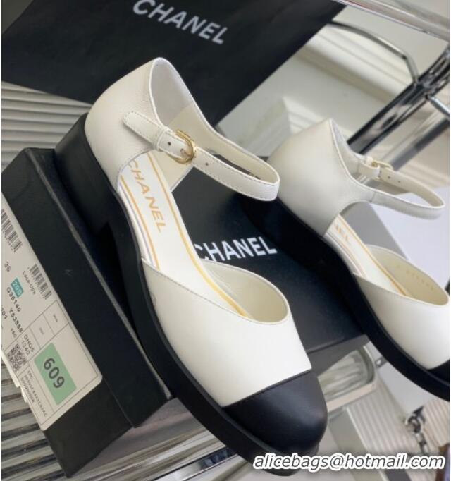 Unique Style Chanel Shiny Goatskin Mary Janes Flat Shoe G39858 White 022813