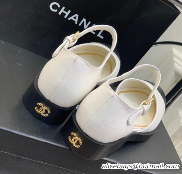 Unique Style Chanel Shiny Goatskin Mary Janes Flat Shoe G39858 White 022813