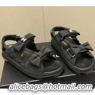 Luxury Chanel Quilted Fabric Strap Flat Sandals with Bow G35927 Black 022814