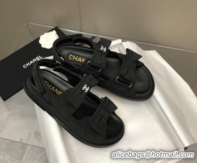 Luxury Chanel Quilted Fabric Strap Flat Sandals with Bow G35927 Black 022814