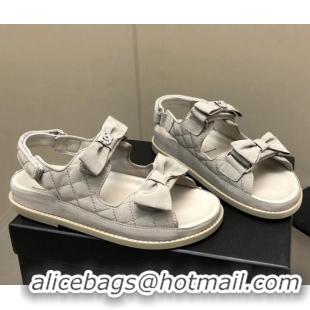 Low Price Chanel Quilted Fabric Strap Flat Sandals with Bow G35927 Grey 022815