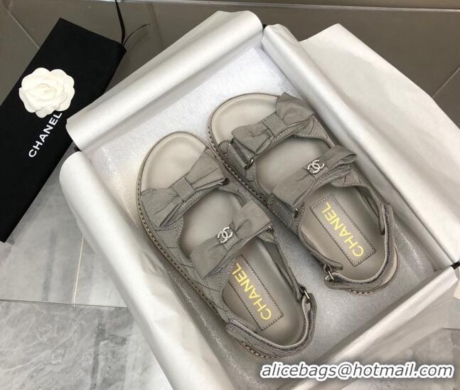 Low Price Chanel Quilted Fabric Strap Flat Sandals with Bow G35927 Grey 022815