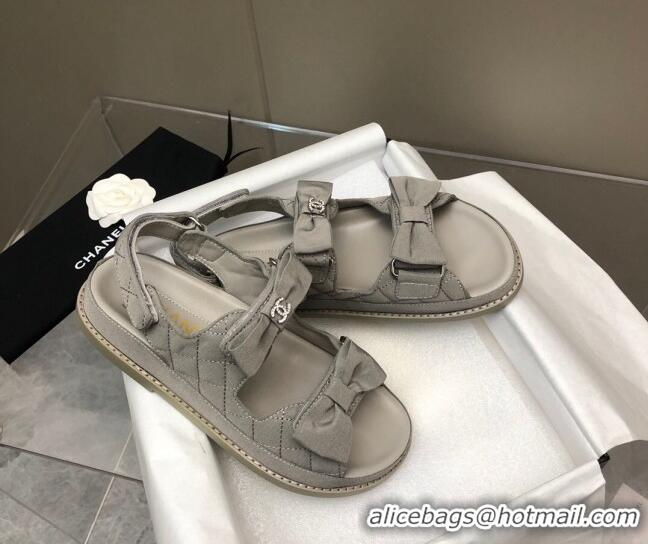 Low Price Chanel Quilted Fabric Strap Flat Sandals with Bow G35927 Grey 022815