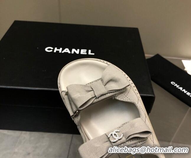 Low Price Chanel Quilted Fabric Strap Flat Sandals with Bow G35927 Grey 022815