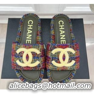 Discount Chanel Tweed Flat Slide Sandals Multicolor 030240