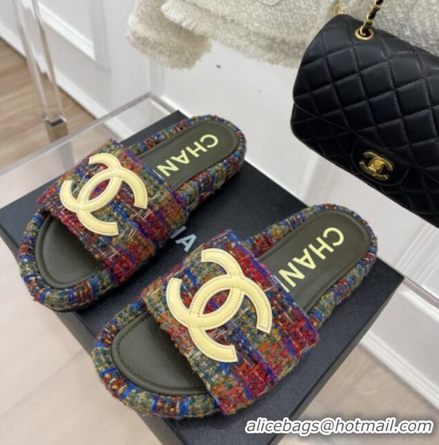 Discount Chanel Tweed Flat Slide Sandals Multicolor 030240