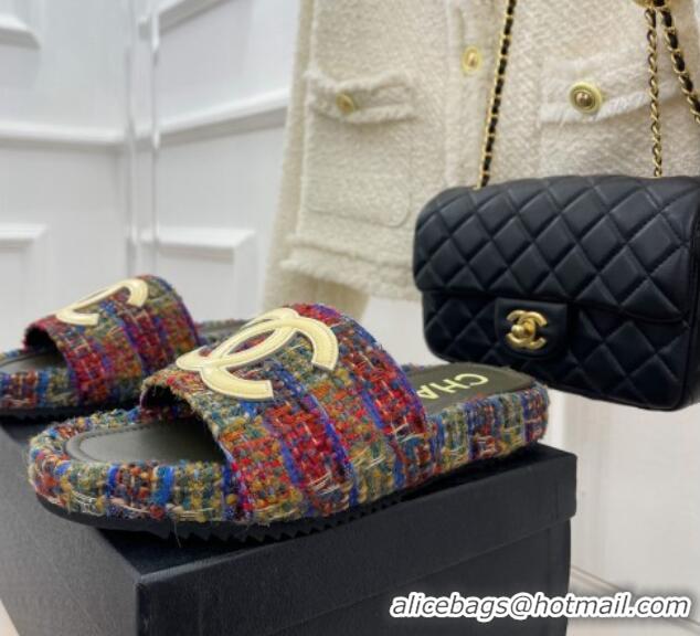 Discount Chanel Tweed Flat Slide Sandals Multicolor 030240