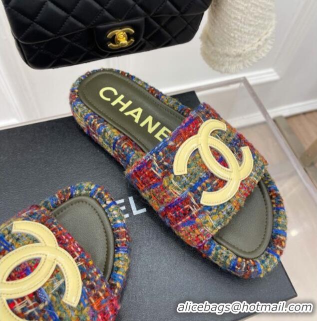 Discount Chanel Tweed Flat Slide Sandals Multicolor 030240