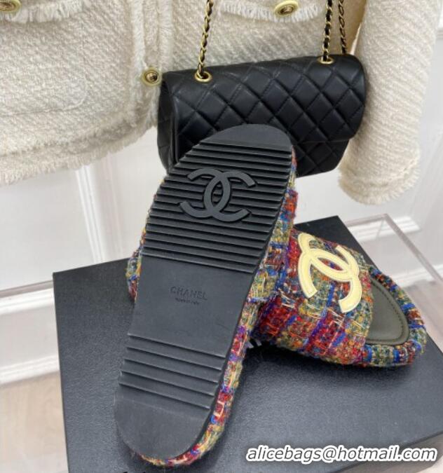 Discount Chanel Tweed Flat Slide Sandals Multicolor 030240