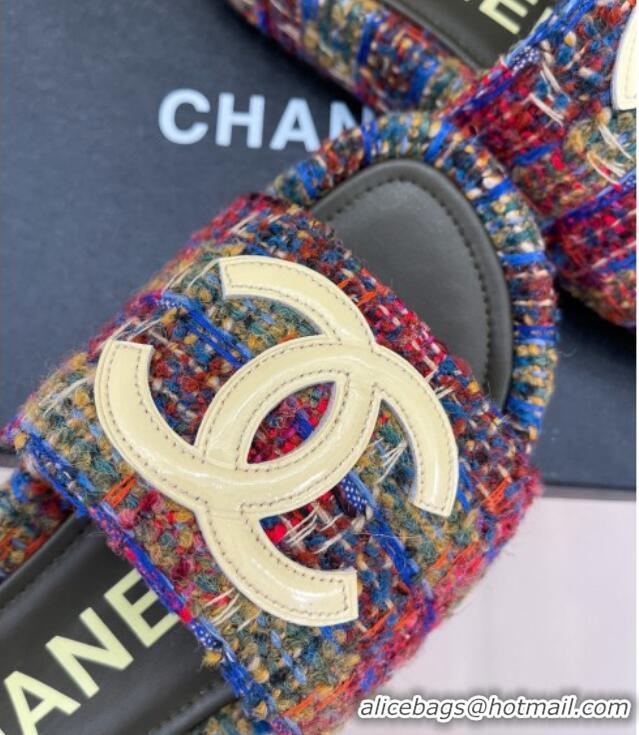 Discount Chanel Tweed Flat Slide Sandals Multicolor 030240