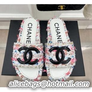 Cheap Price Chanel Tweed Flat Slide Sandals White/Pink 030241