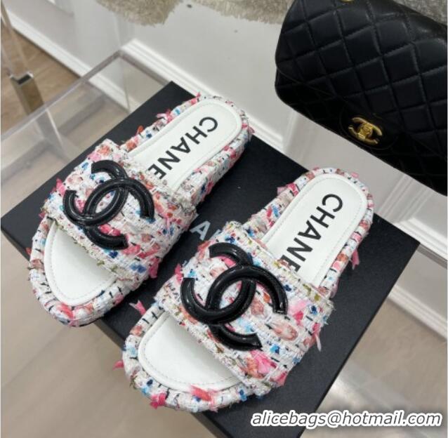 Cheap Price Chanel Tweed Flat Slide Sandals White/Pink 030241