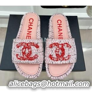 Pretty Style Chanel Tweed Flat Slide Sandals Pink/Red 030242