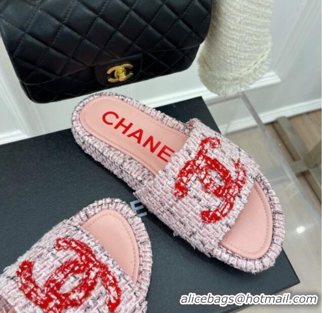 Pretty Style Chanel Tweed Flat Slide Sandals Pink/Red 030242