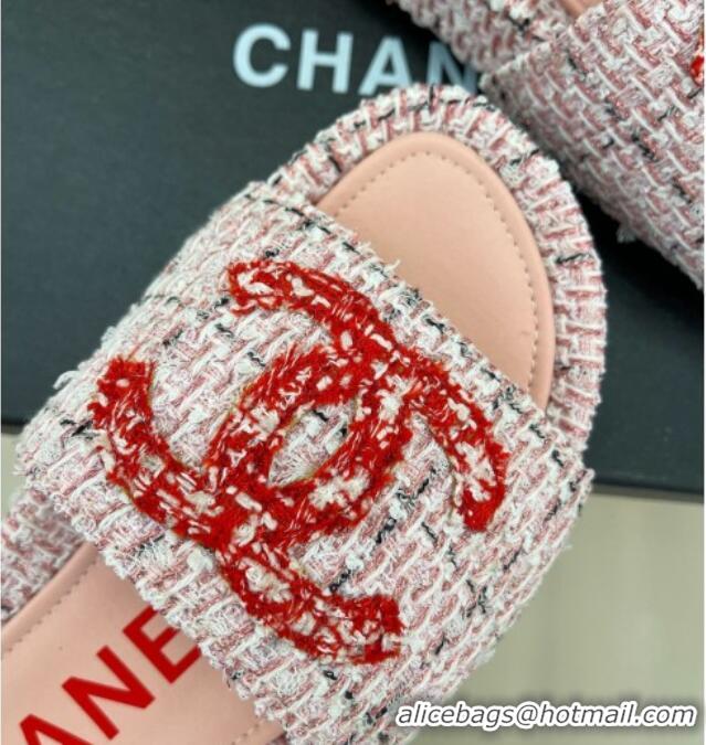 Pretty Style Chanel Tweed Flat Slide Sandals Pink/Red 030242