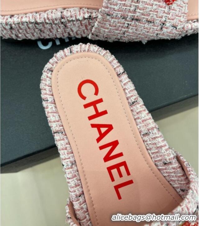 Pretty Style Chanel Tweed Flat Slide Sandals Pink/Red 030242