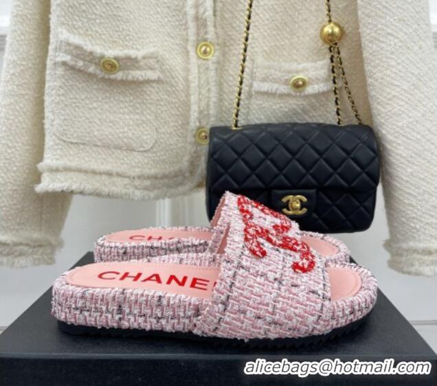 Pretty Style Chanel Tweed Flat Slide Sandals Pink/Red 030242