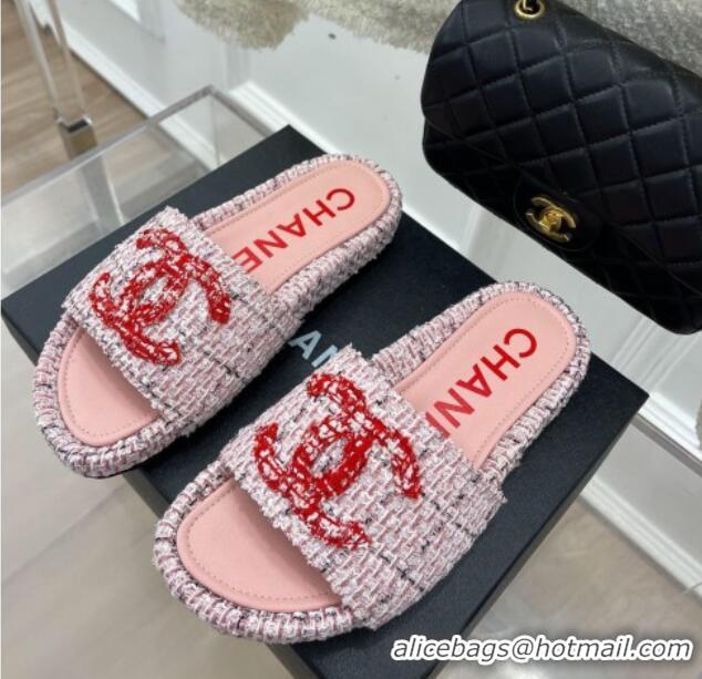 Pretty Style Chanel Tweed Flat Slide Sandals Pink/Red 030242