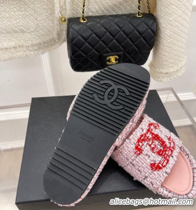 Pretty Style Chanel Tweed Flat Slide Sandals Pink/Red 030242