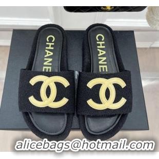 Lower Price Chanel Tweed Flat Slide Sandals Black/Yellow 030243