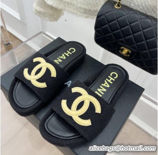 Lower Price Chanel Tweed Flat Slide Sandals Black/Yellow 030243