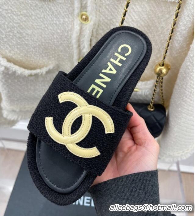 Lower Price Chanel Tweed Flat Slide Sandals Black/Yellow 030243