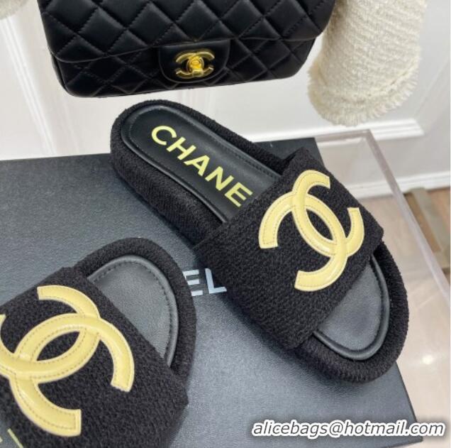 Lower Price Chanel Tweed Flat Slide Sandals Black/Yellow 030243