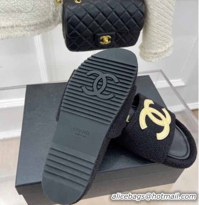 Lower Price Chanel Tweed Flat Slide Sandals Black/Yellow 030243