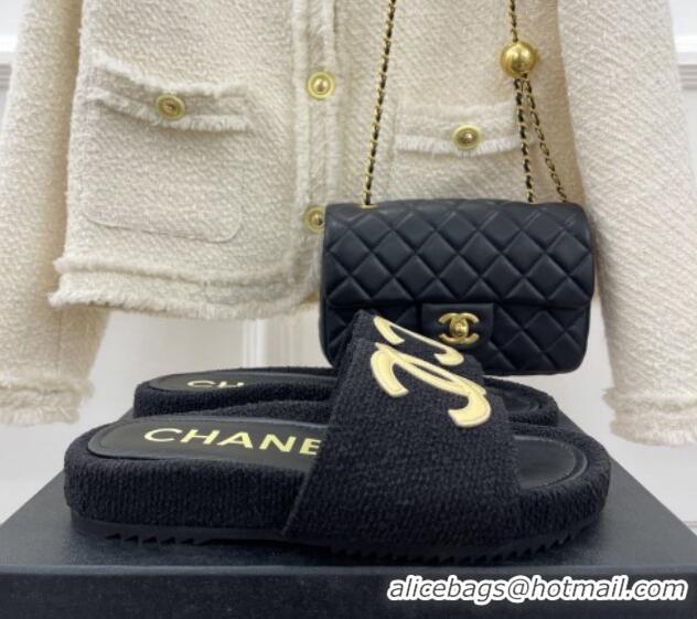 Lower Price Chanel Tweed Flat Slide Sandals Black/Yellow 030243