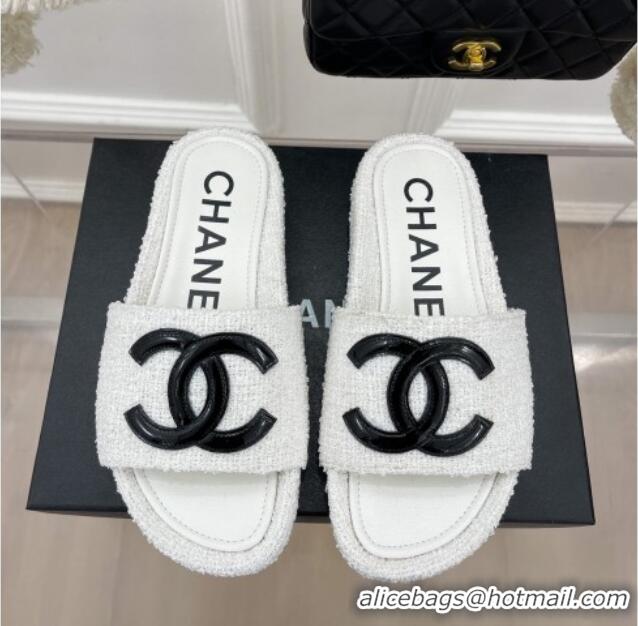 Lower Price Chanel Tweed Flat Slide Sandals Black/White 030244