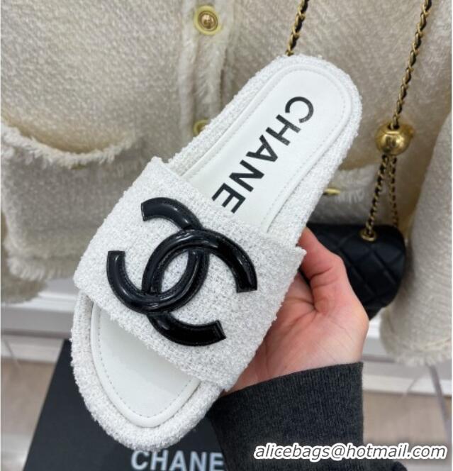 Lower Price Chanel Tweed Flat Slide Sandals Black/White 030244