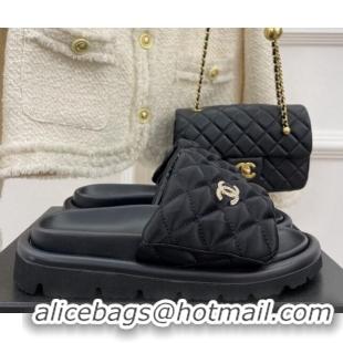 Discount Chanel Nylon Flat Slide Sandals Black 030245