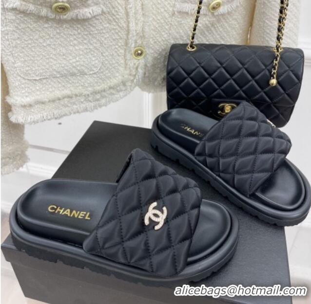 Discount Chanel Nylon Flat Slide Sandals Black 030245