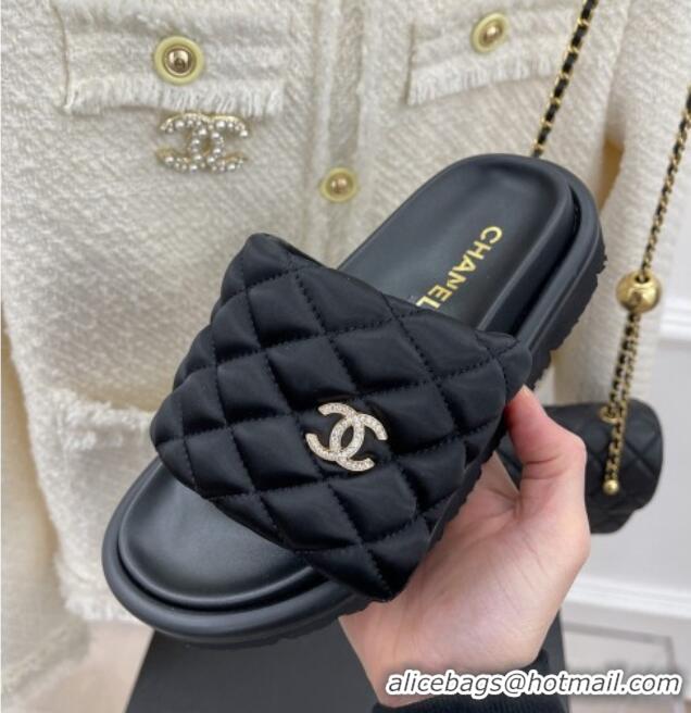 Discount Chanel Nylon Flat Slide Sandals Black 030245