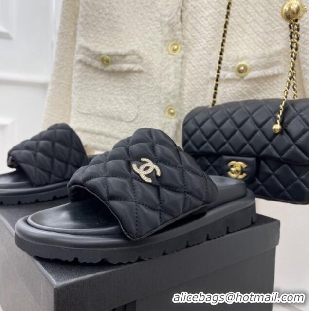 Discount Chanel Nylon Flat Slide Sandals Black 030245