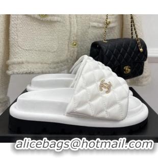 Stylish Chanel Nylon Flat Slide Sandals White 030246