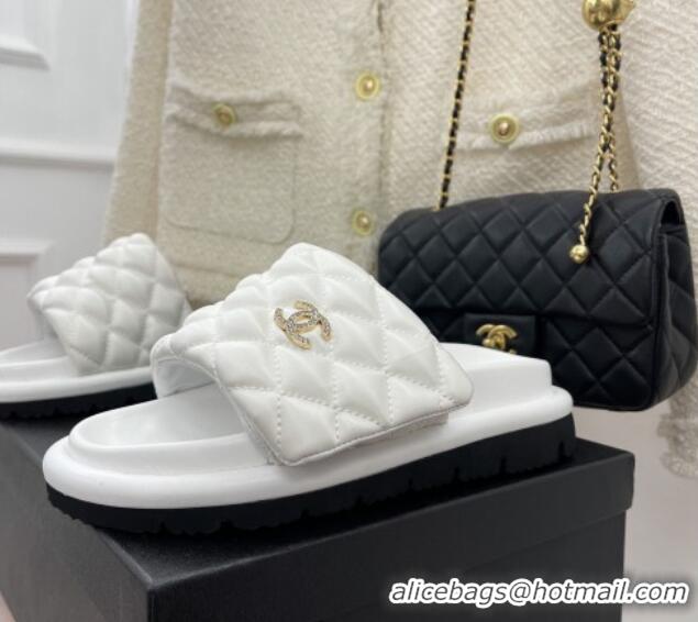 Stylish Chanel Nylon Flat Slide Sandals White 030246