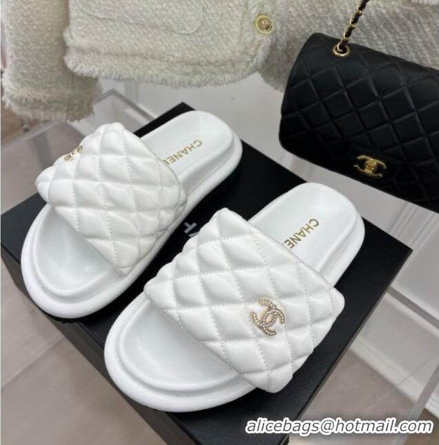 Stylish Chanel Nylon Flat Slide Sandals White 030246